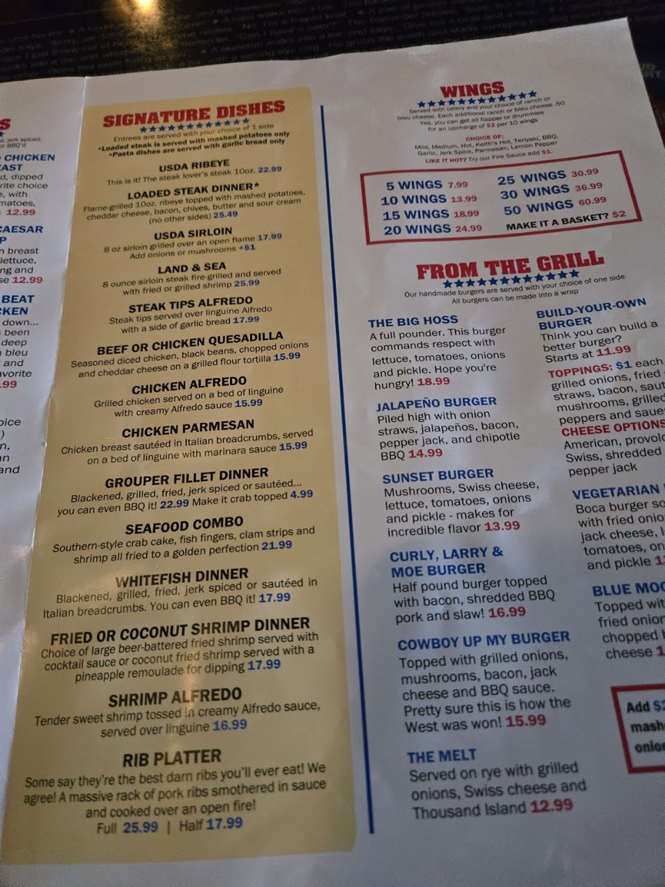 Classic American dishes listed on a restaurant menu.